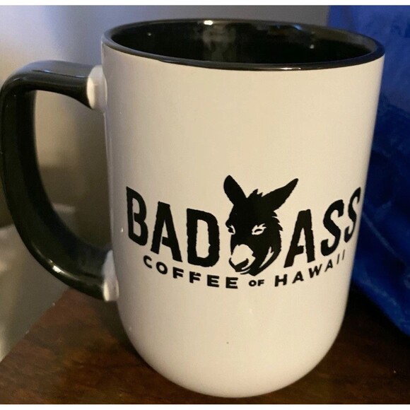 Bad Ass Coffee Of Hawaii Cup Mug White & Black heavy duty Multicolor Donkey - Picture 4 of 11